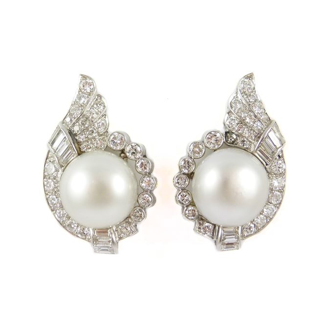 Pair of natural bouton pearl and diamond cluster earrings | MasterArt